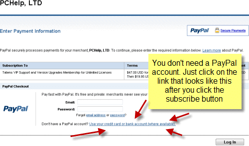 PayPal subscription screen shot