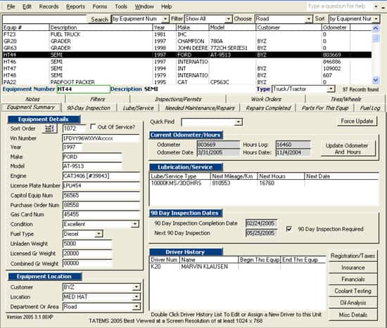 TATEMS Fleet Maintenance Software Equipment Summary