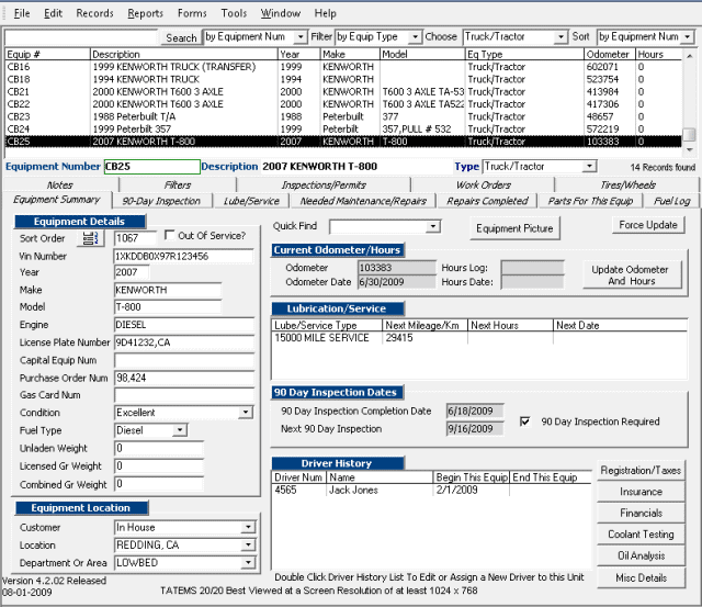 TATEMS Screen Shot Equipment Summart Screen
