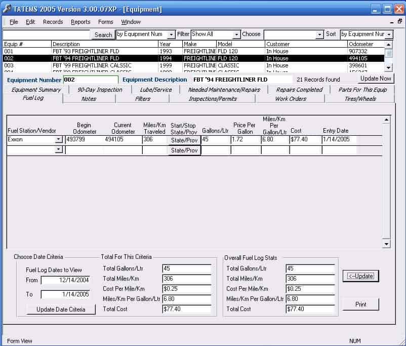 TATEMS Fleet Maintenance Software Fuel Log Tab