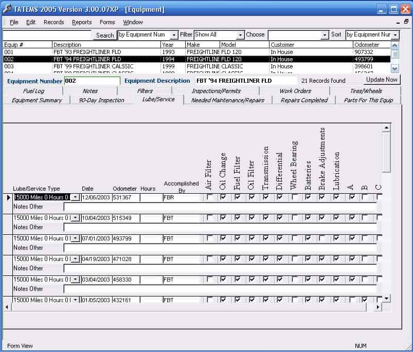 Lube Service Preventative Maintenance Tab