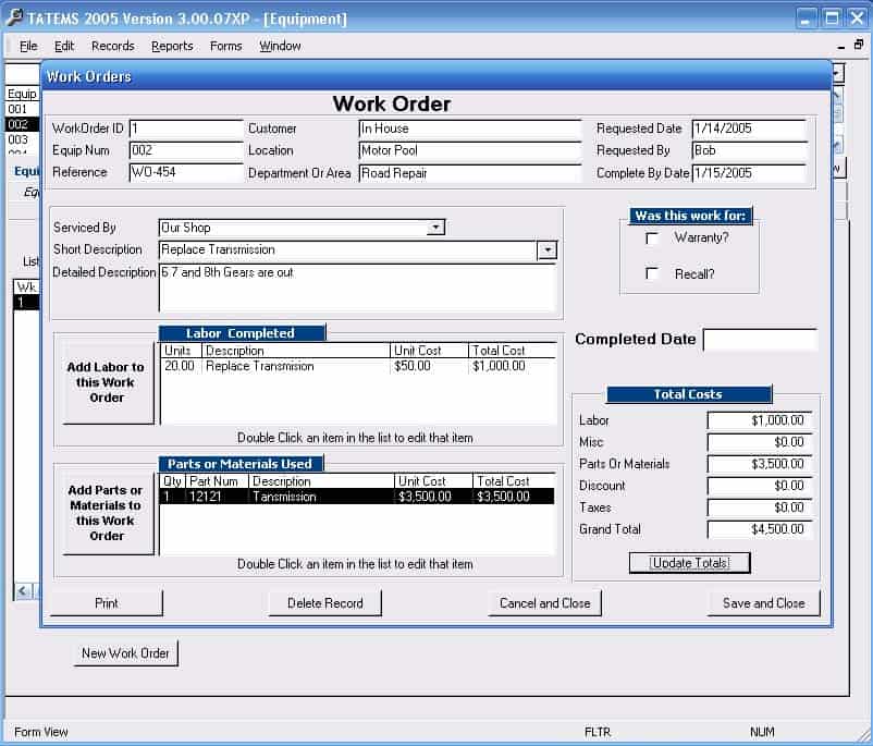 Work Orders Entry Screen