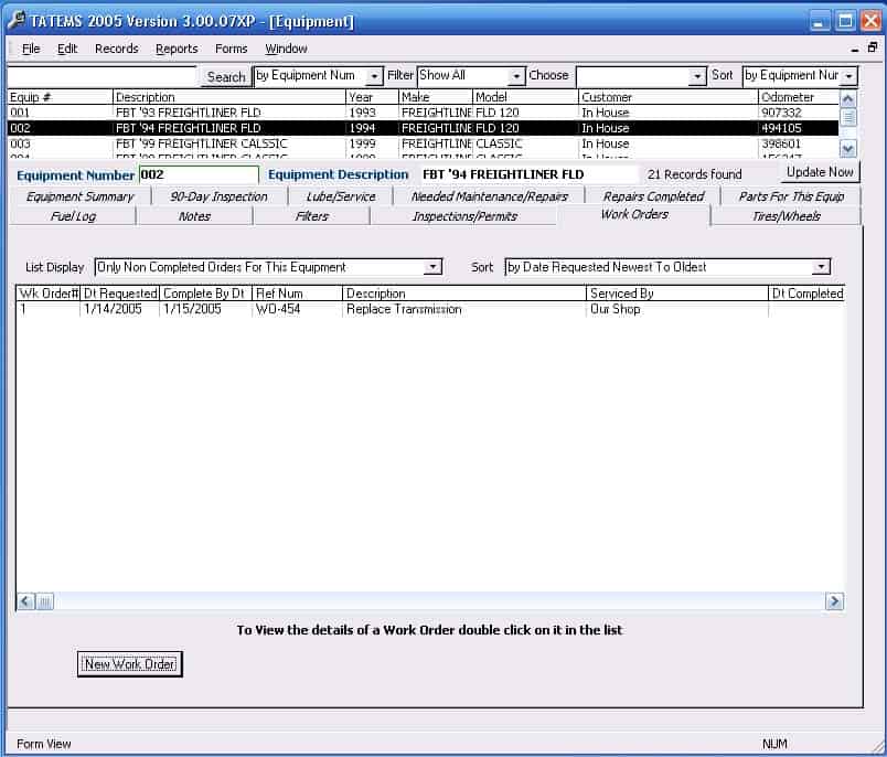 Work Orders Selection List